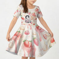Sweet Crime Cute Penguin Holding Knife Kid Short Sleeve Dress Funny Strawberry Cake Graphic With Pastel Dessert Pattern