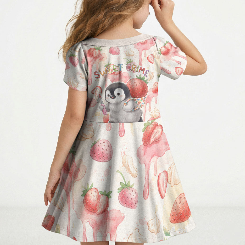 Sweet Crime Cute Penguin Holding Knife Kid Short Sleeve Dress Funny Strawberry Cake Graphic With Pastel Dessert Pattern