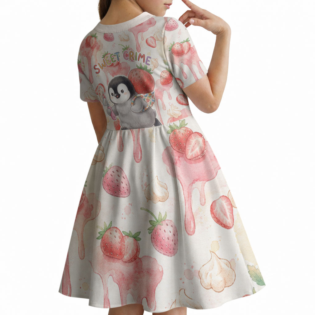 Sweet Crime Cute Penguin Holding Knife Kid Short Sleeve Dress Funny Strawberry Cake Graphic With Pastel Dessert Pattern