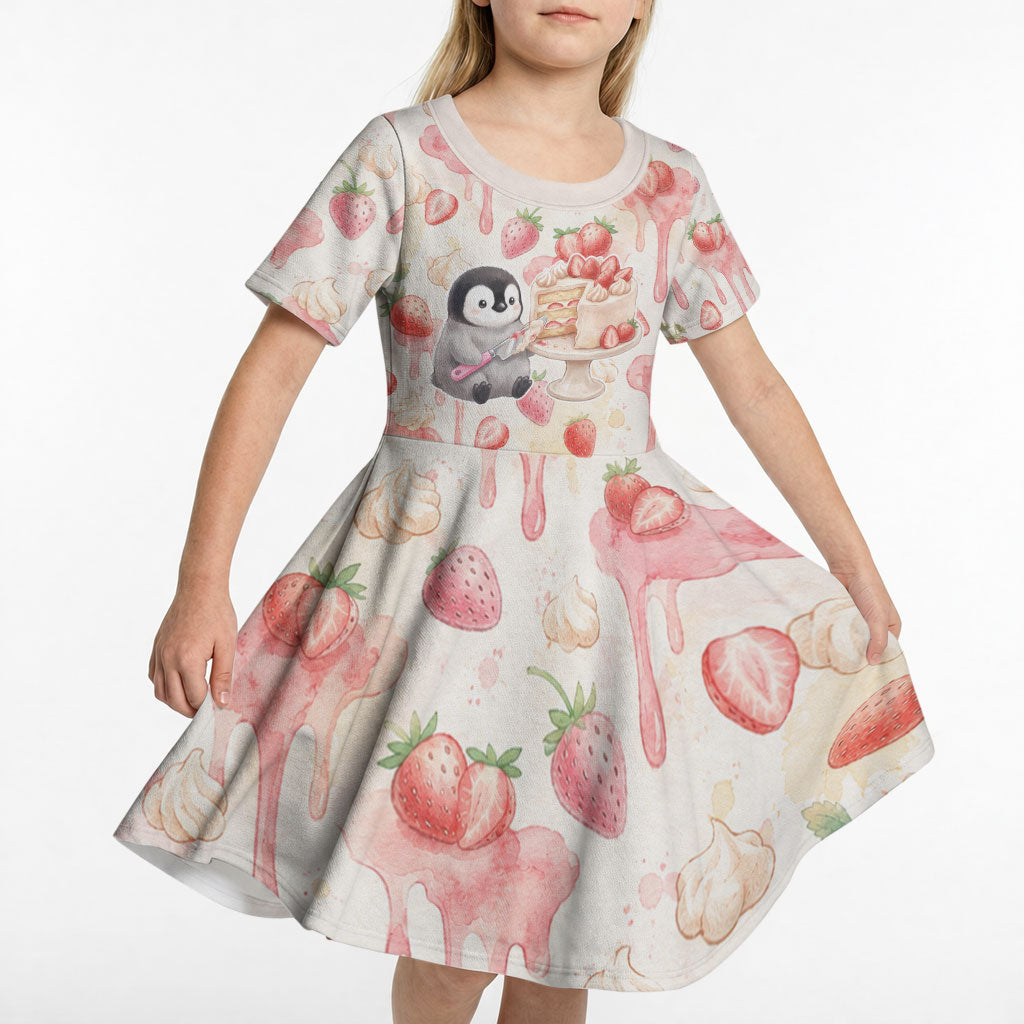 Sweet Crime Cute Penguin Holding Knife Kid Short Sleeve Dress Funny Strawberry Cake Graphic With Pastel Dessert Pattern