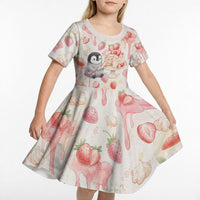 Sweet Crime Cute Penguin Holding Knife Kid Short Sleeve Dress Funny Strawberry Cake Graphic With Pastel Dessert Pattern
