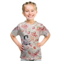 Sweet Crime Cute Penguin Holding Knife Kid T Shirt Funny Strawberry Cake Graphic With Pastel Dessert Pattern