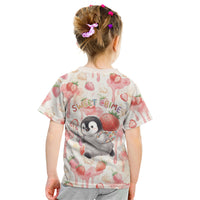 Sweet Crime Cute Penguin Holding Knife Kid T Shirt Funny Strawberry Cake Graphic With Pastel Dessert Pattern