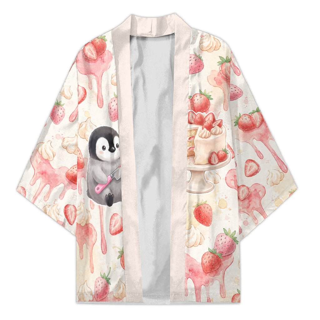 Sweet Crime Cute Penguin Holding Knife Kimono Funny Strawberry Cake Graphic With Pastel Dessert Pattern