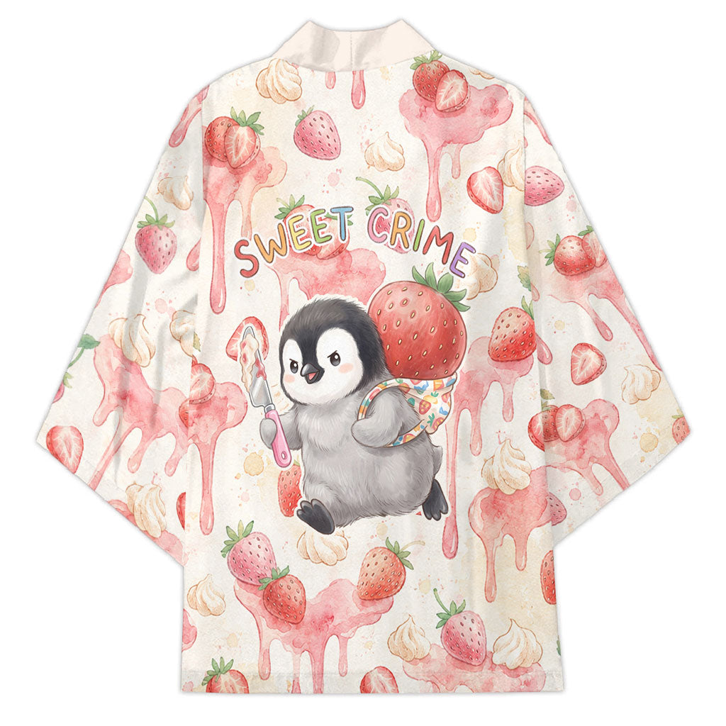 Sweet Crime Cute Penguin Holding Knife Kimono Funny Strawberry Cake Graphic With Pastel Dessert Pattern