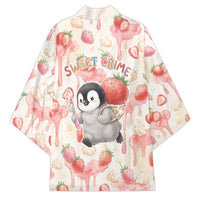 Sweet Crime Cute Penguin Holding Knife Kimono Funny Strawberry Cake Graphic With Pastel Dessert Pattern