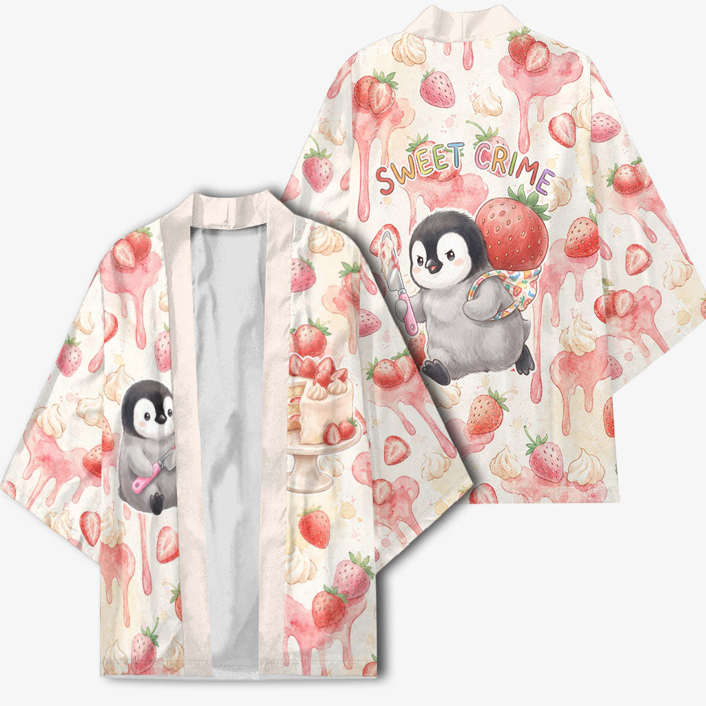 Sweet Crime Cute Penguin Holding Knife Kimono Funny Strawberry Cake Graphic With Pastel Dessert Pattern