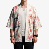 Sweet Crime Cute Penguin Holding Knife Kimono Funny Strawberry Cake Graphic With Pastel Dessert Pattern
