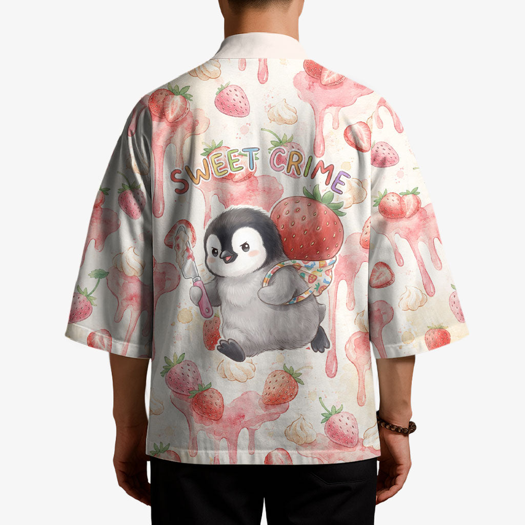 Sweet Crime Cute Penguin Holding Knife Kimono Funny Strawberry Cake Graphic With Pastel Dessert Pattern