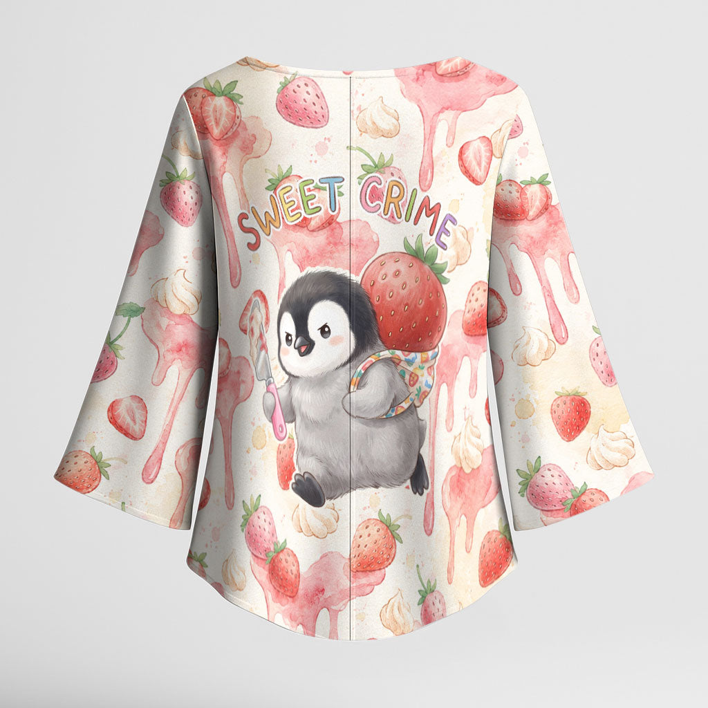 Sweet Crime Cute Penguin Holding Knife Kimono Sleeve Blouse Funny Strawberry Cake Graphic With Pastel Dessert Pattern