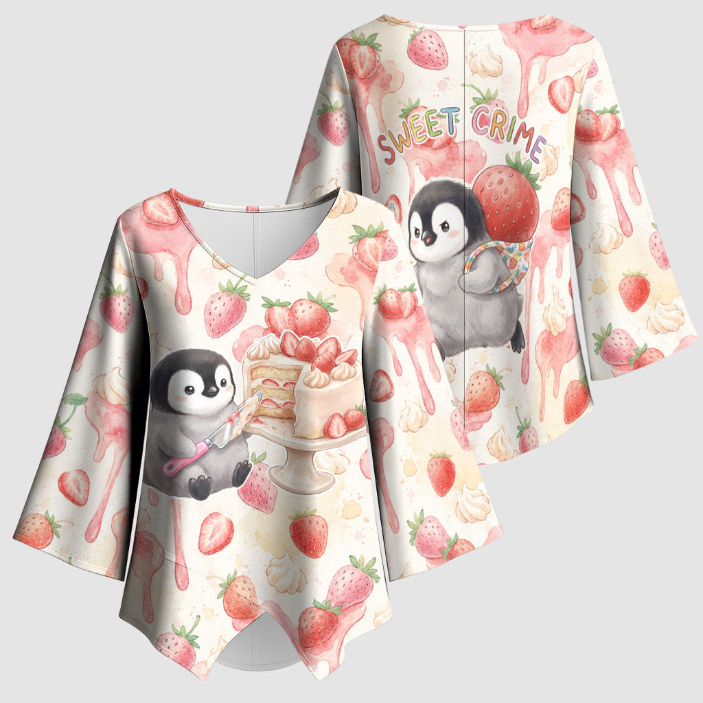Sweet Crime Cute Penguin Holding Knife Kimono Sleeve Blouse Funny Strawberry Cake Graphic With Pastel Dessert Pattern