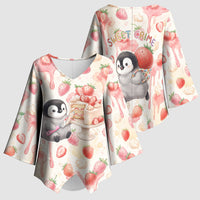 Sweet Crime Cute Penguin Holding Knife Kimono Sleeve Blouse Funny Strawberry Cake Graphic With Pastel Dessert Pattern