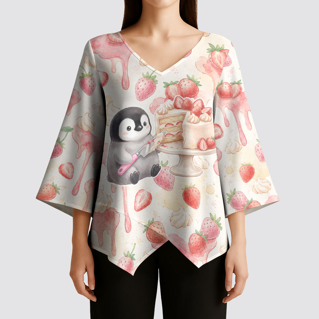 Sweet Crime Cute Penguin Holding Knife Kimono Sleeve Blouse Funny Strawberry Cake Graphic With Pastel Dessert Pattern