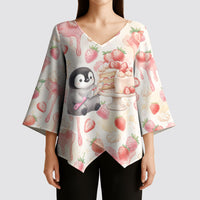 Sweet Crime Cute Penguin Holding Knife Kimono Sleeve Blouse Funny Strawberry Cake Graphic With Pastel Dessert Pattern