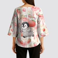 Sweet Crime Cute Penguin Holding Knife Kimono Sleeve Blouse Funny Strawberry Cake Graphic With Pastel Dessert Pattern