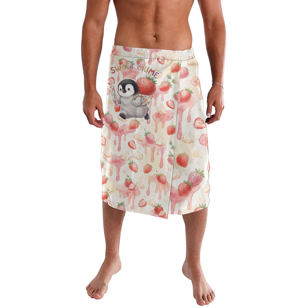 Sweet Crime Cute Penguin Holding Knife Lavalava Funny Strawberry Cake Graphic With Pastel Dessert Pattern