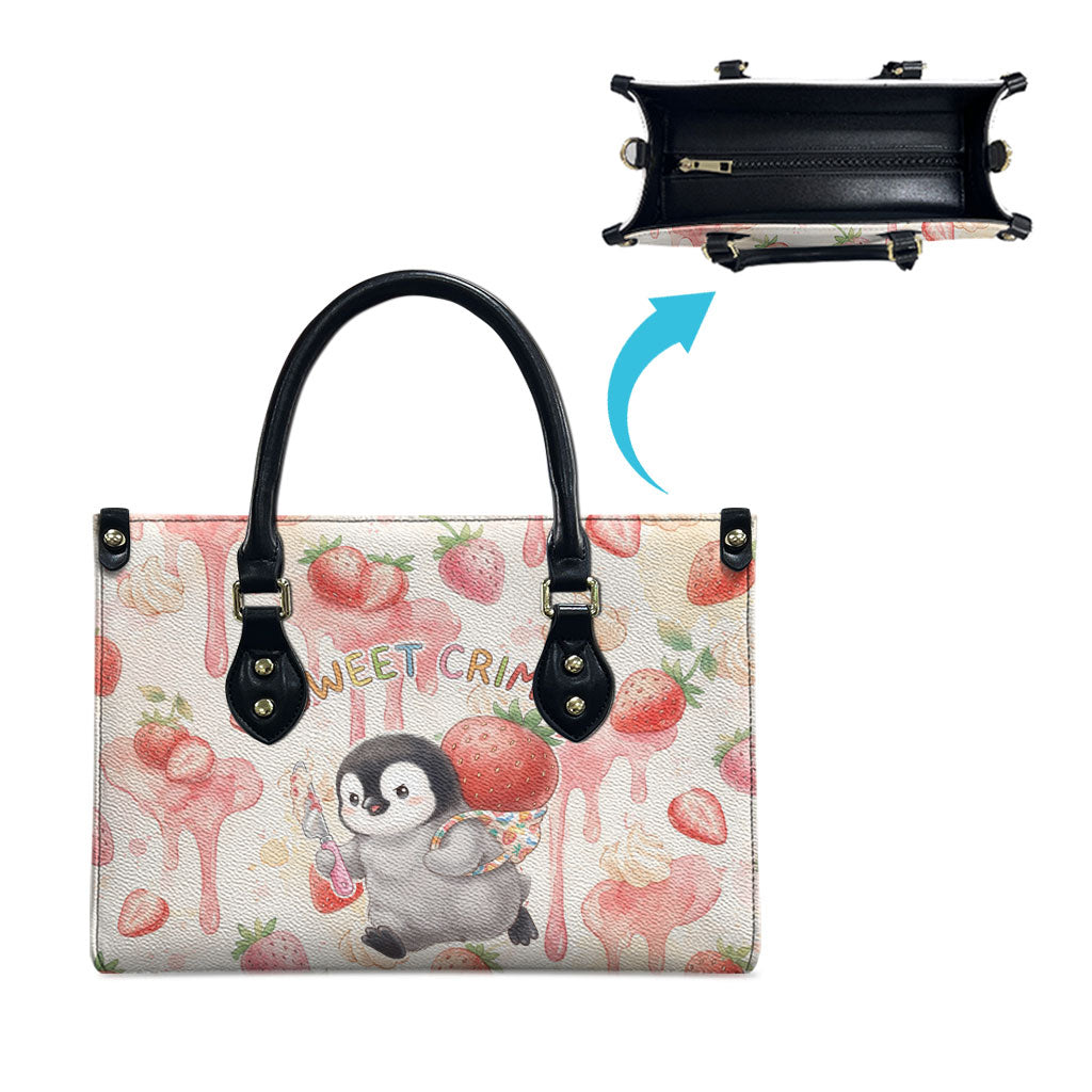 Sweet Crime Cute Penguin Holding Knife Leather Bag Funny Strawberry Cake Graphic With Pastel Dessert Pattern