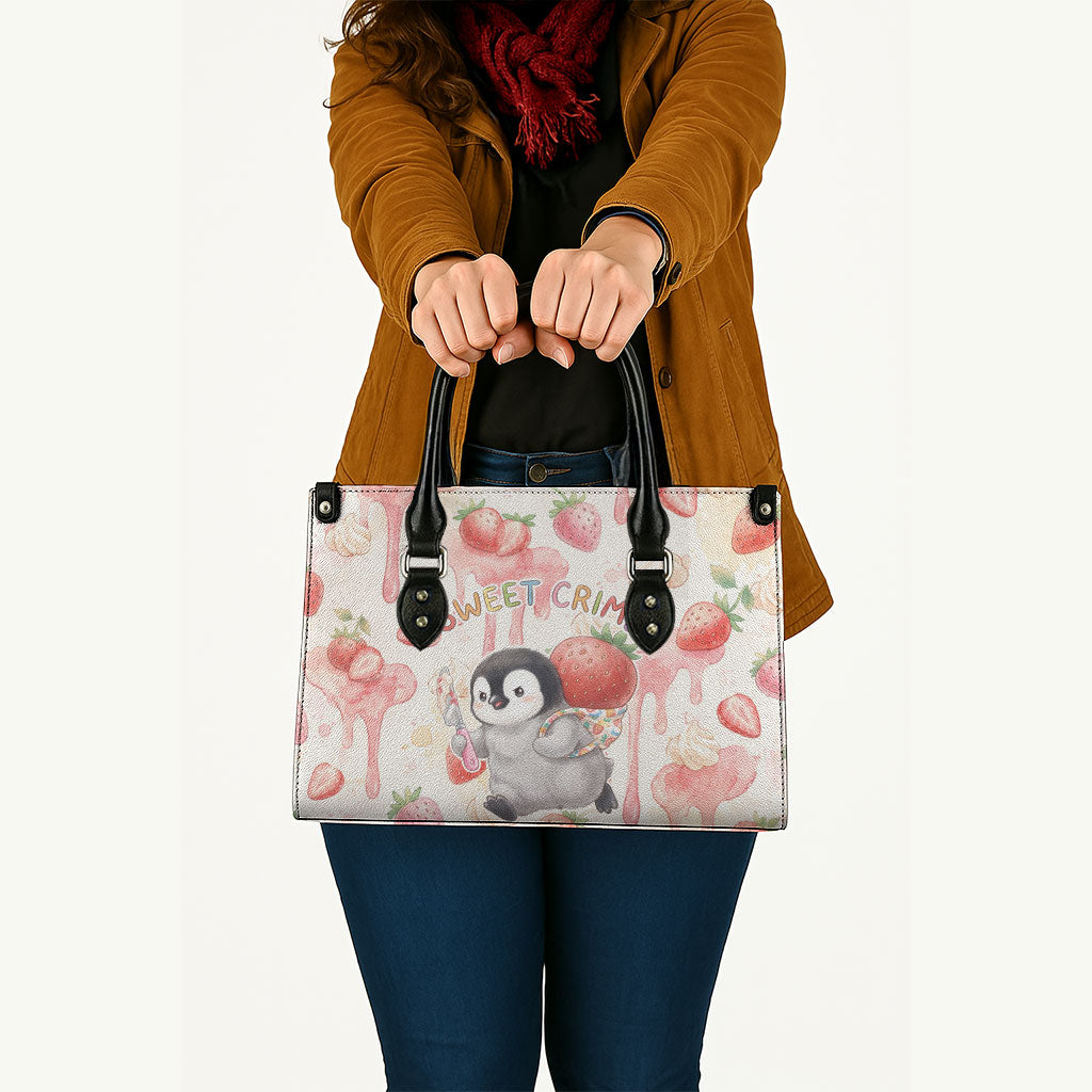 Sweet Crime Cute Penguin Holding Knife Leather Bag Funny Strawberry Cake Graphic With Pastel Dessert Pattern
