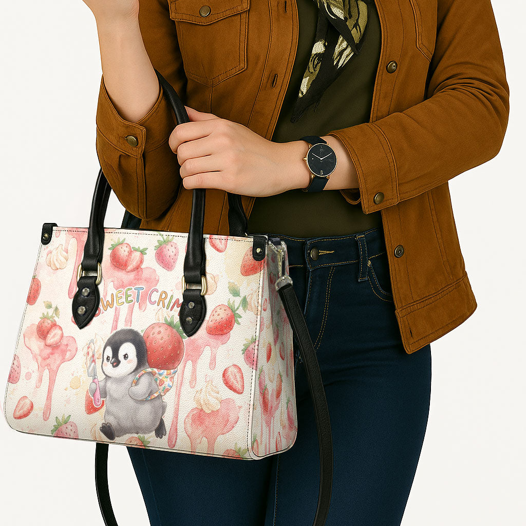 Sweet Crime Cute Penguin Holding Knife Leather Bag Funny Strawberry Cake Graphic With Pastel Dessert Pattern