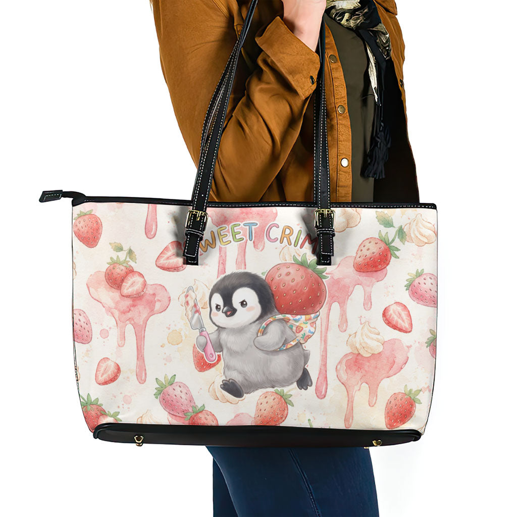 Sweet Crime Cute Penguin Holding Knife Leather Tote Bag Funny Strawberry Cake Graphic With Pastel Dessert Pattern