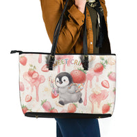 Sweet Crime Cute Penguin Holding Knife Leather Tote Bag Funny Strawberry Cake Graphic With Pastel Dessert Pattern