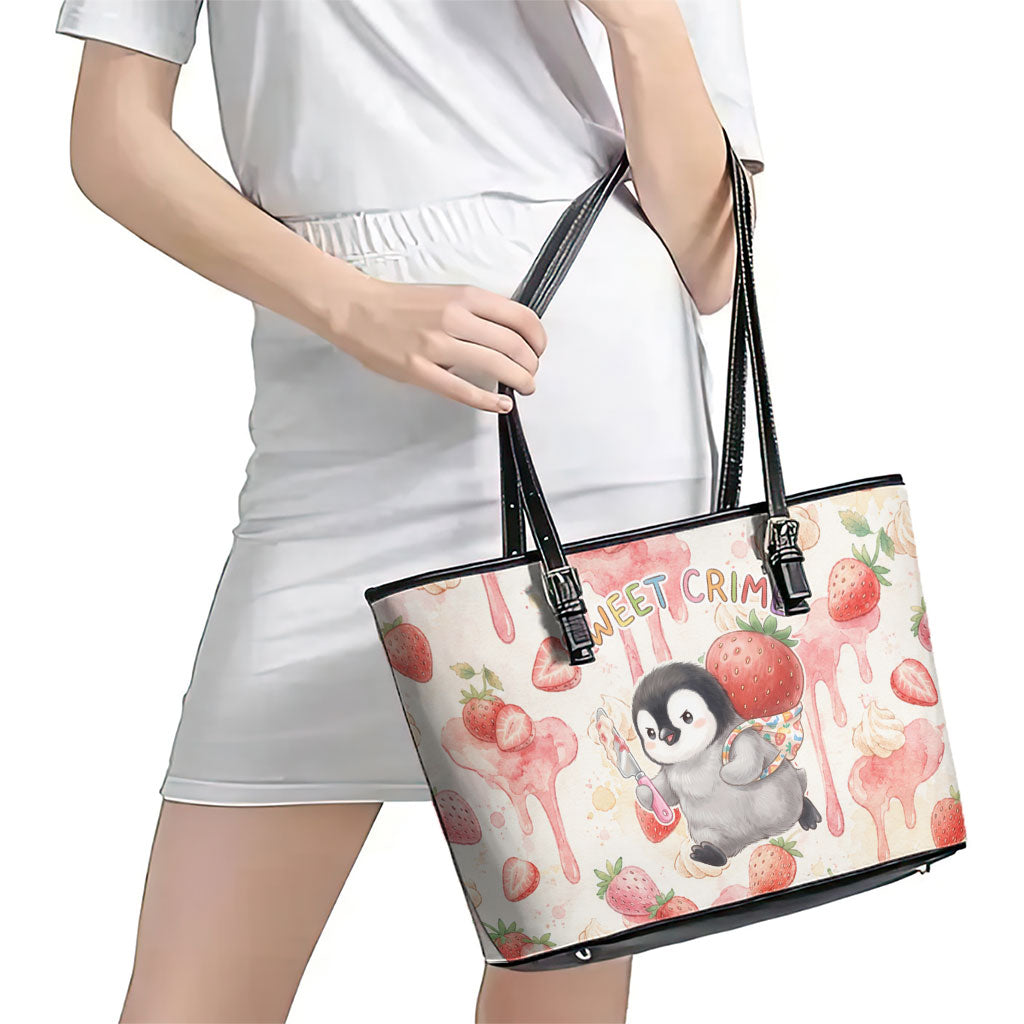 Sweet Crime Cute Penguin Holding Knife Leather Tote Bag Funny Strawberry Cake Graphic With Pastel Dessert Pattern