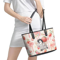 Sweet Crime Cute Penguin Holding Knife Leather Tote Bag Funny Strawberry Cake Graphic With Pastel Dessert Pattern