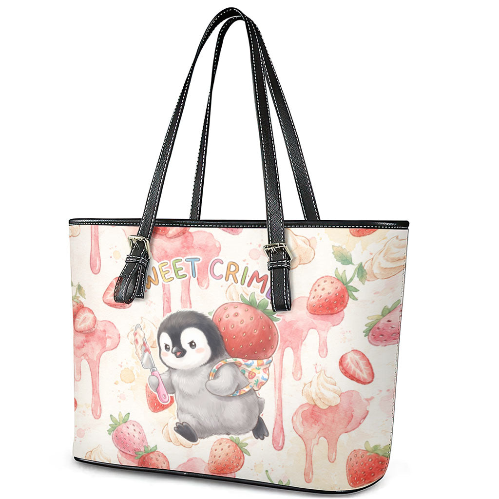Sweet Crime Cute Penguin Holding Knife Leather Tote Bag Funny Strawberry Cake Graphic With Pastel Dessert Pattern