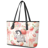 Sweet Crime Cute Penguin Holding Knife Leather Tote Bag Funny Strawberry Cake Graphic With Pastel Dessert Pattern