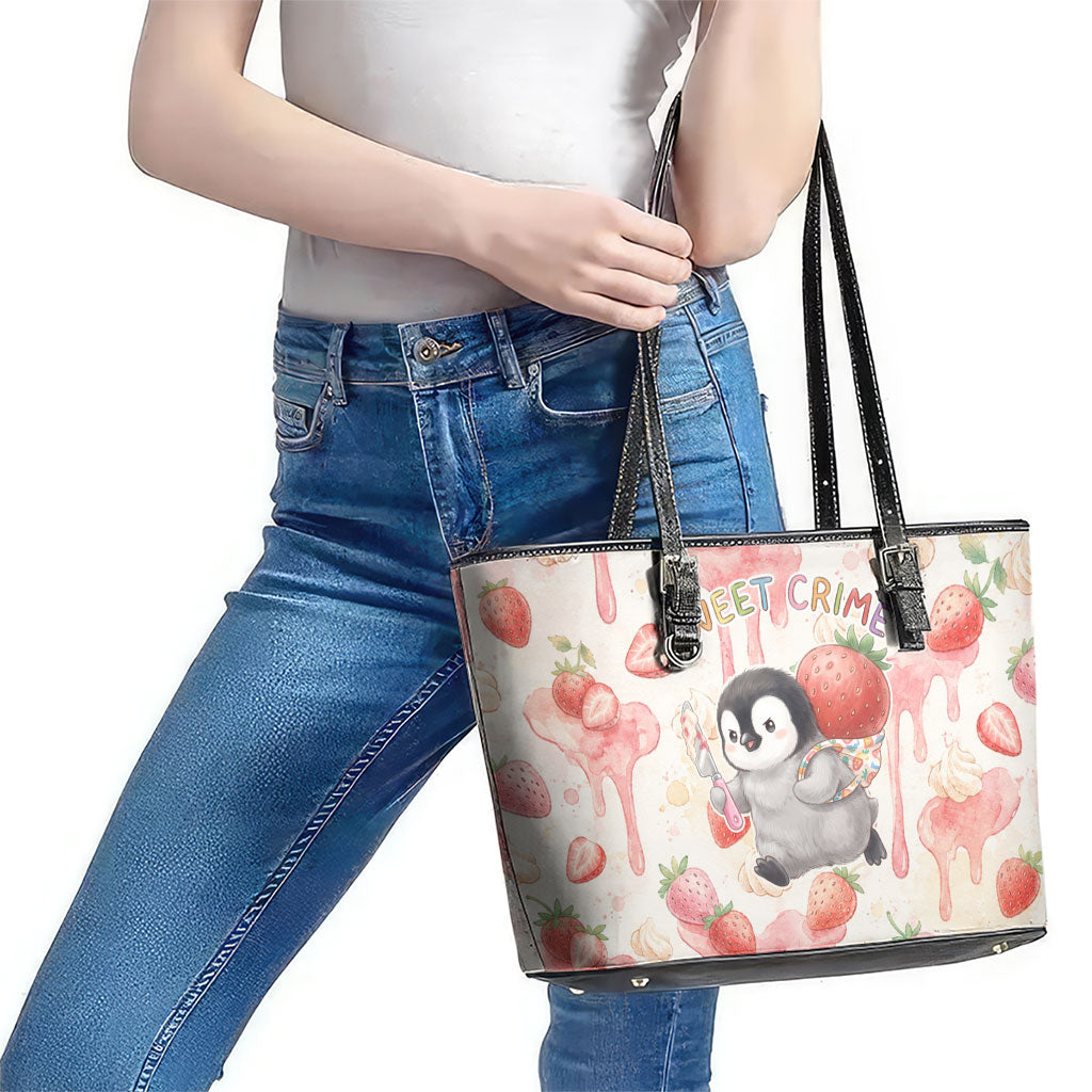Sweet Crime Cute Penguin Holding Knife Leather Tote Bag Funny Strawberry Cake Graphic With Pastel Dessert Pattern