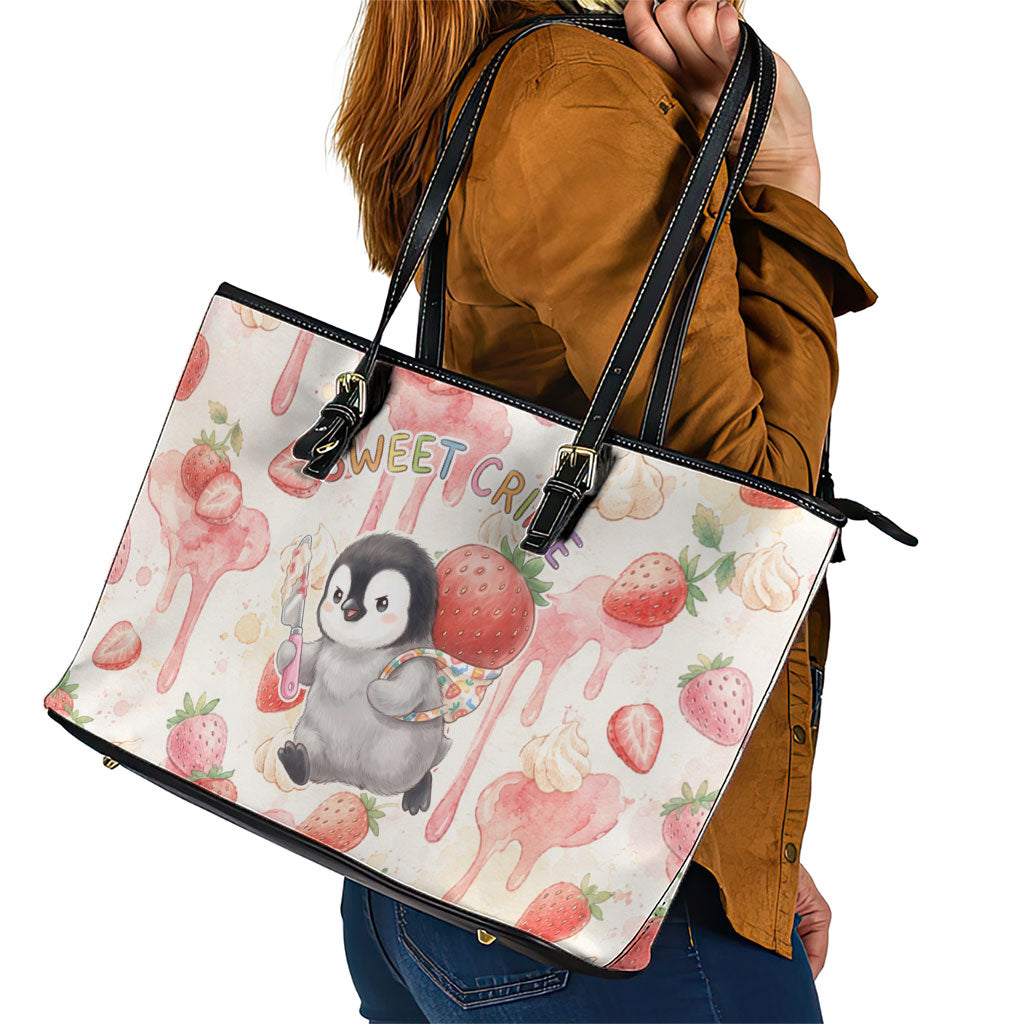 Sweet Crime Cute Penguin Holding Knife Leather Tote Bag Funny Strawberry Cake Graphic With Pastel Dessert Pattern
