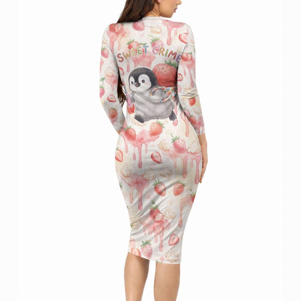 Sweet Crime Cute Penguin Holding Knife Long Sleeve Bodycon Dress Funny Strawberry Cake Graphic With Pastel Dessert Pattern
