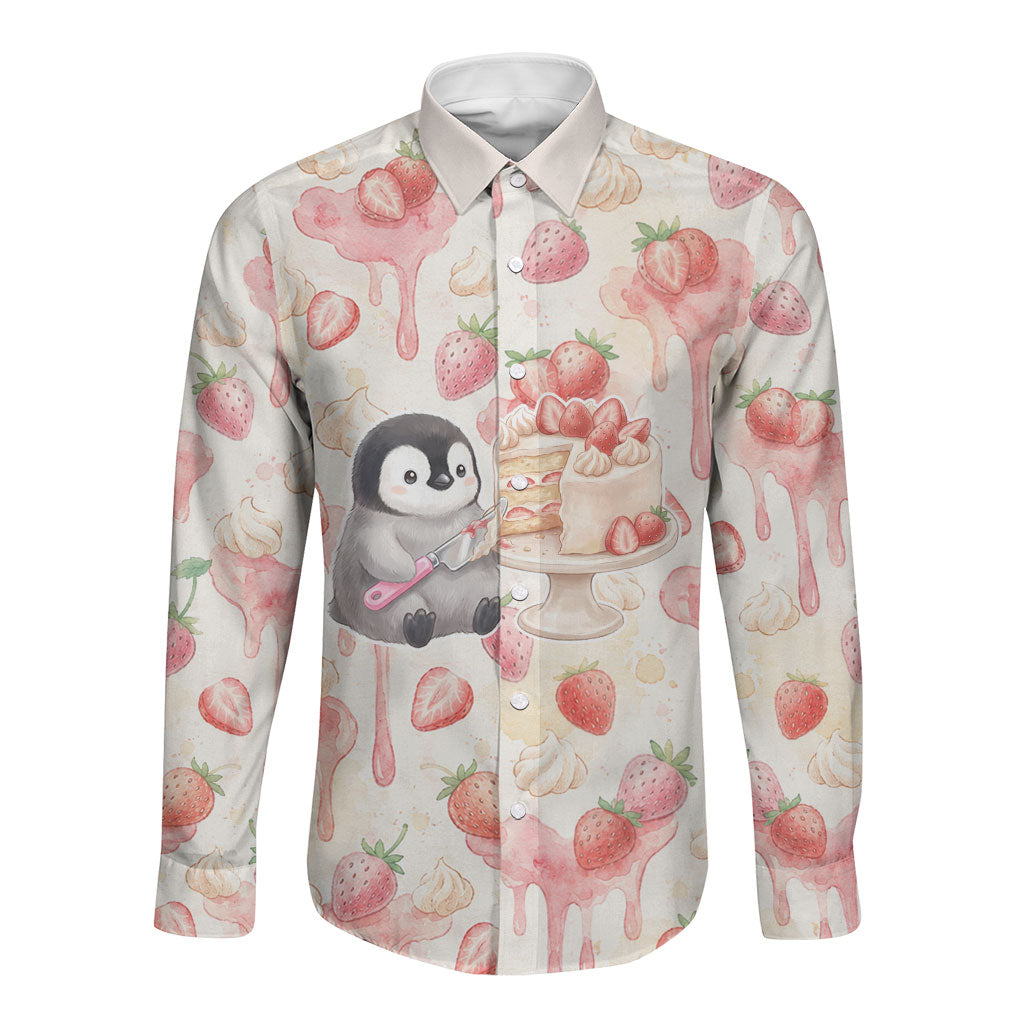 Sweet Crime Cute Penguin Holding Knife Long Sleeve Button Shirt Funny Strawberry Cake Graphic With Pastel Dessert Pattern