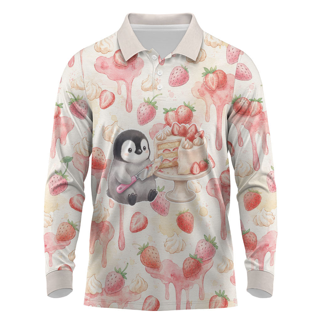 Sweet Crime Cute Penguin Holding Knife Long Sleeve Polo Shirt Funny Strawberry Cake Graphic With Pastel Dessert Pattern