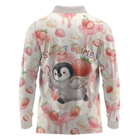 Sweet Crime Cute Penguin Holding Knife Long Sleeve Polo Shirt Funny Strawberry Cake Graphic With Pastel Dessert Pattern