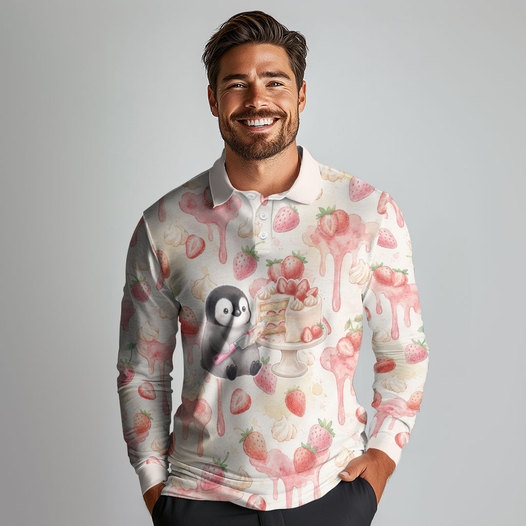Sweet Crime Cute Penguin Holding Knife Long Sleeve Polo Shirt Funny Strawberry Cake Graphic With Pastel Dessert Pattern