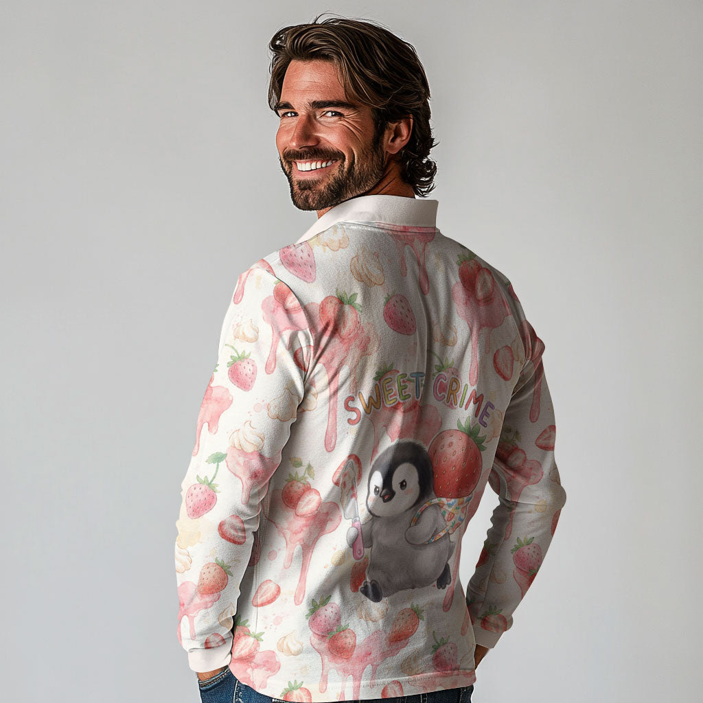 Sweet Crime Cute Penguin Holding Knife Long Sleeve Polo Shirt Funny Strawberry Cake Graphic With Pastel Dessert Pattern