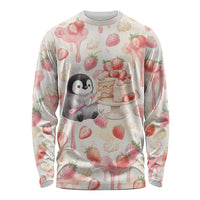 Sweet Crime Cute Penguin Holding Knife Long Sleeve Shirt Funny Strawberry Cake Graphic With Pastel Dessert Pattern