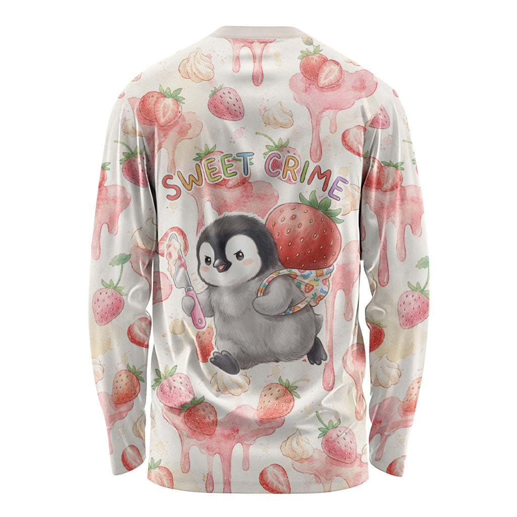 Sweet Crime Cute Penguin Holding Knife Long Sleeve Shirt Funny Strawberry Cake Graphic With Pastel Dessert Pattern