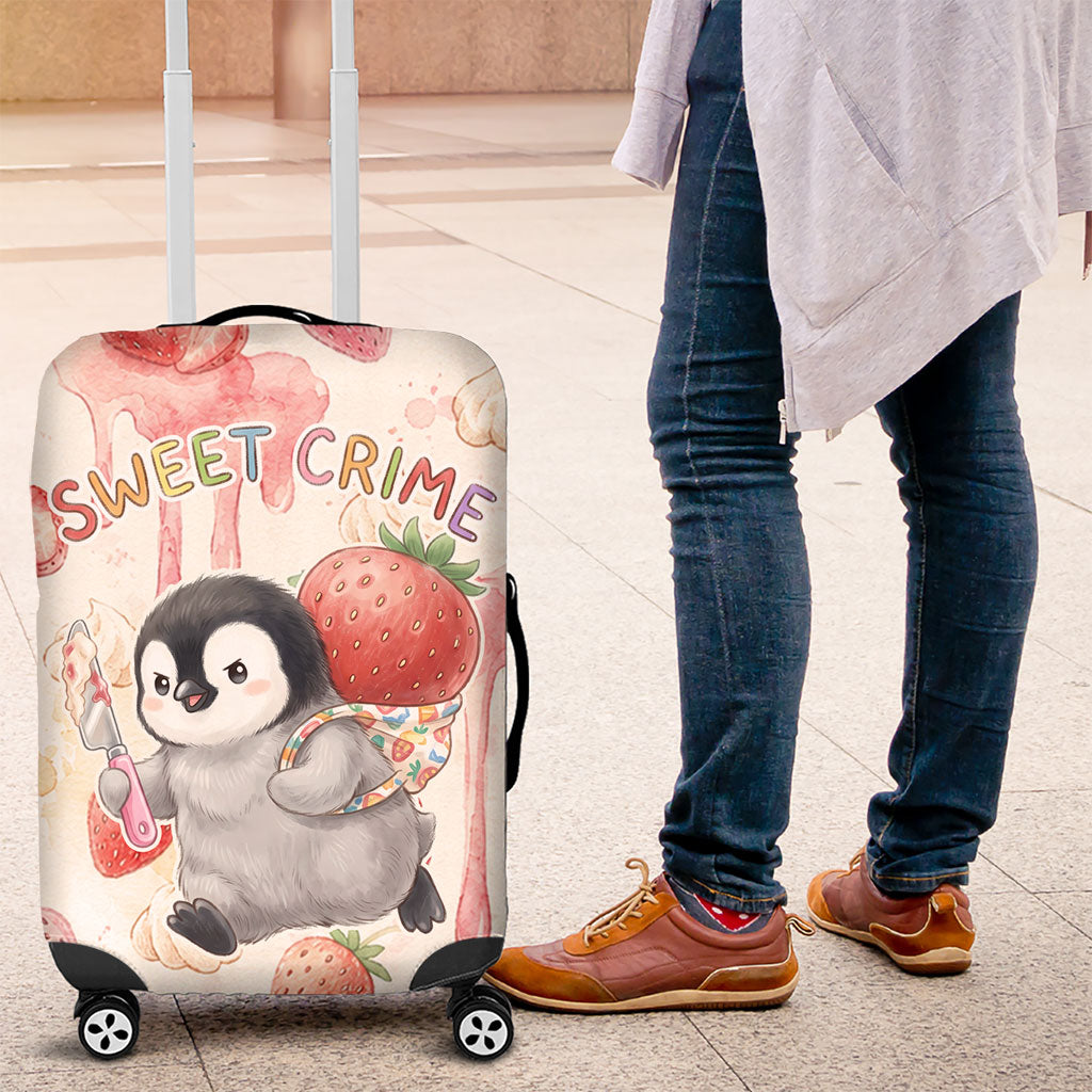 Sweet Crime Cute Penguin Holding Knife Luggage Cover Funny Strawberry Cake Graphic With Pastel Dessert Pattern