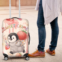 Sweet Crime Cute Penguin Holding Knife Luggage Cover Funny Strawberry Cake Graphic With Pastel Dessert Pattern