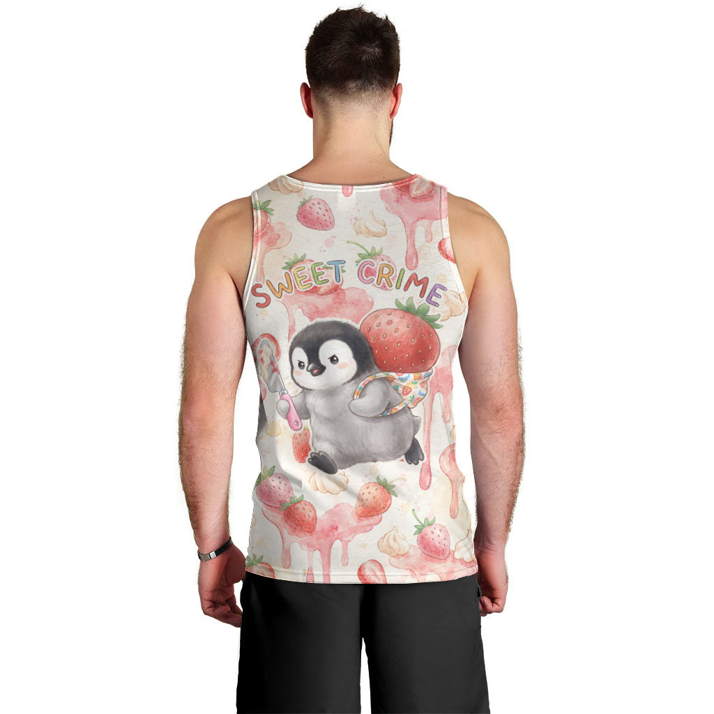 Sweet Crime Cute Penguin Holding Knife Men Tank Top Funny Strawberry Cake Graphic With Pastel Dessert Pattern