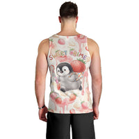 Sweet Crime Cute Penguin Holding Knife Men Tank Top Funny Strawberry Cake Graphic With Pastel Dessert Pattern