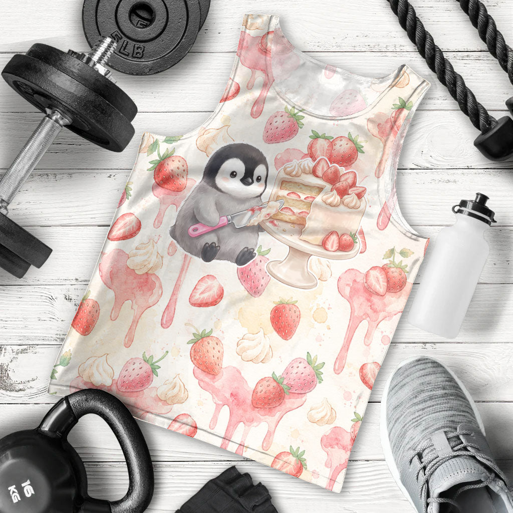 Sweet Crime Cute Penguin Holding Knife Men Tank Top Funny Strawberry Cake Graphic With Pastel Dessert Pattern