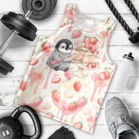 Sweet Crime Cute Penguin Holding Knife Men Tank Top Funny Strawberry Cake Graphic With Pastel Dessert Pattern