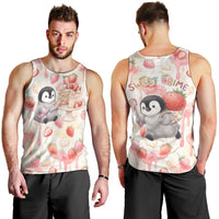 Sweet Crime Cute Penguin Holding Knife Men Tank Top Funny Strawberry Cake Graphic With Pastel Dessert Pattern
