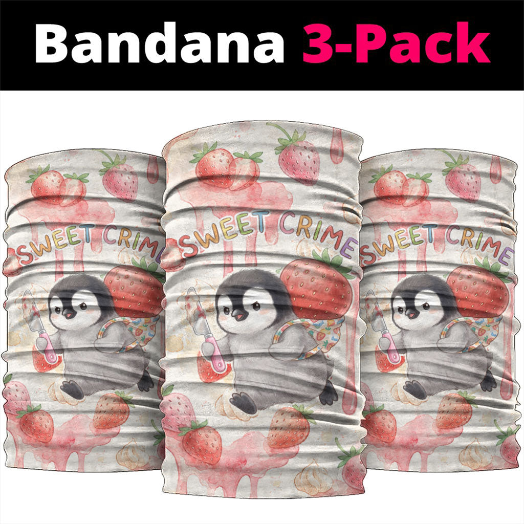 Sweet Crime Cute Penguin Holding Knife Neck Gaiter Funny Strawberry Cake Graphic With Pastel Dessert Pattern