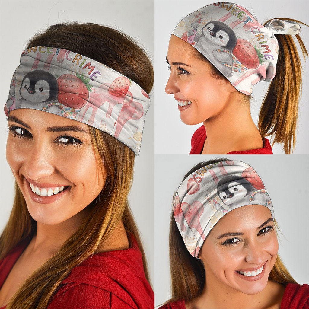 Sweet Crime Cute Penguin Holding Knife Neck Gaiter Funny Strawberry Cake Graphic With Pastel Dessert Pattern