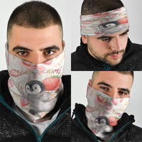 Sweet Crime Cute Penguin Holding Knife Neck Gaiter Funny Strawberry Cake Graphic With Pastel Dessert Pattern