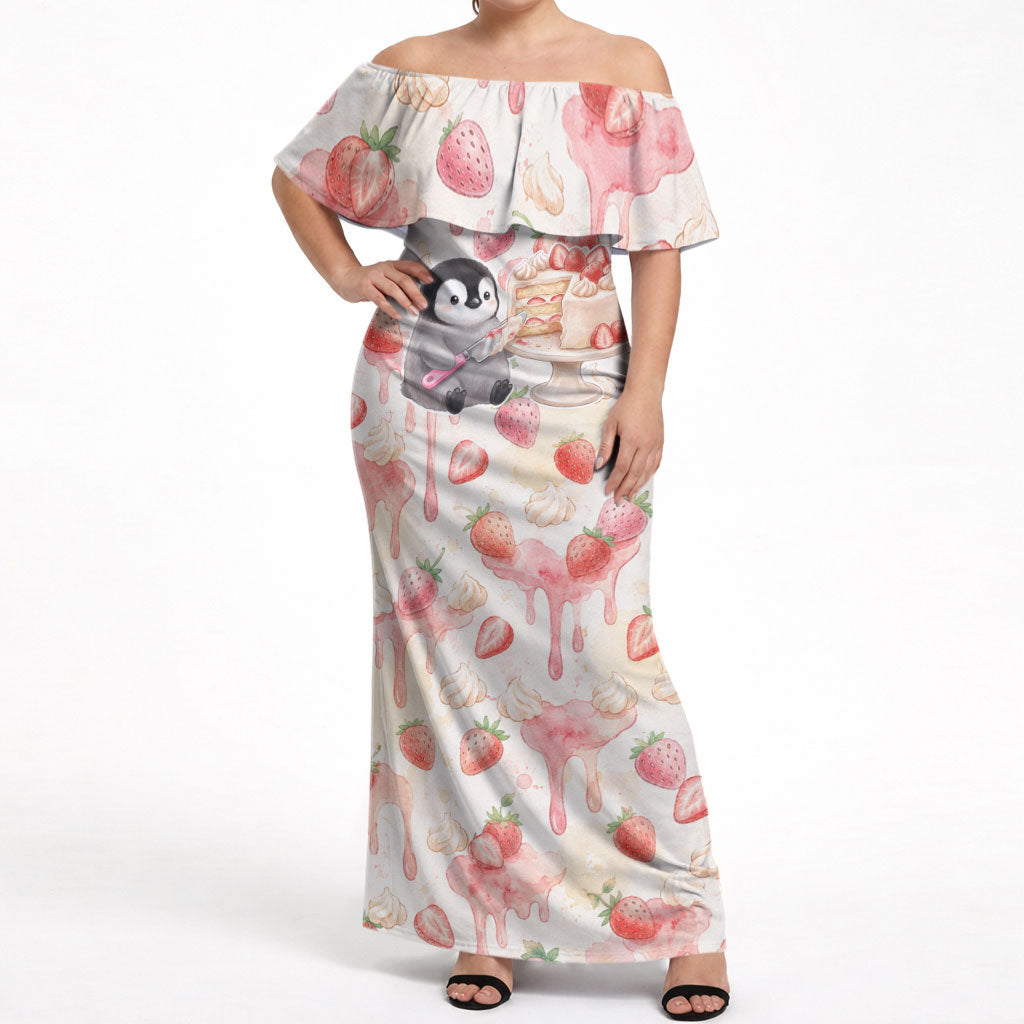 Sweet Crime Cute Penguin Holding Knife Off Shoulder Maxi Dress Funny Strawberry Cake Graphic With Pastel Dessert Pattern